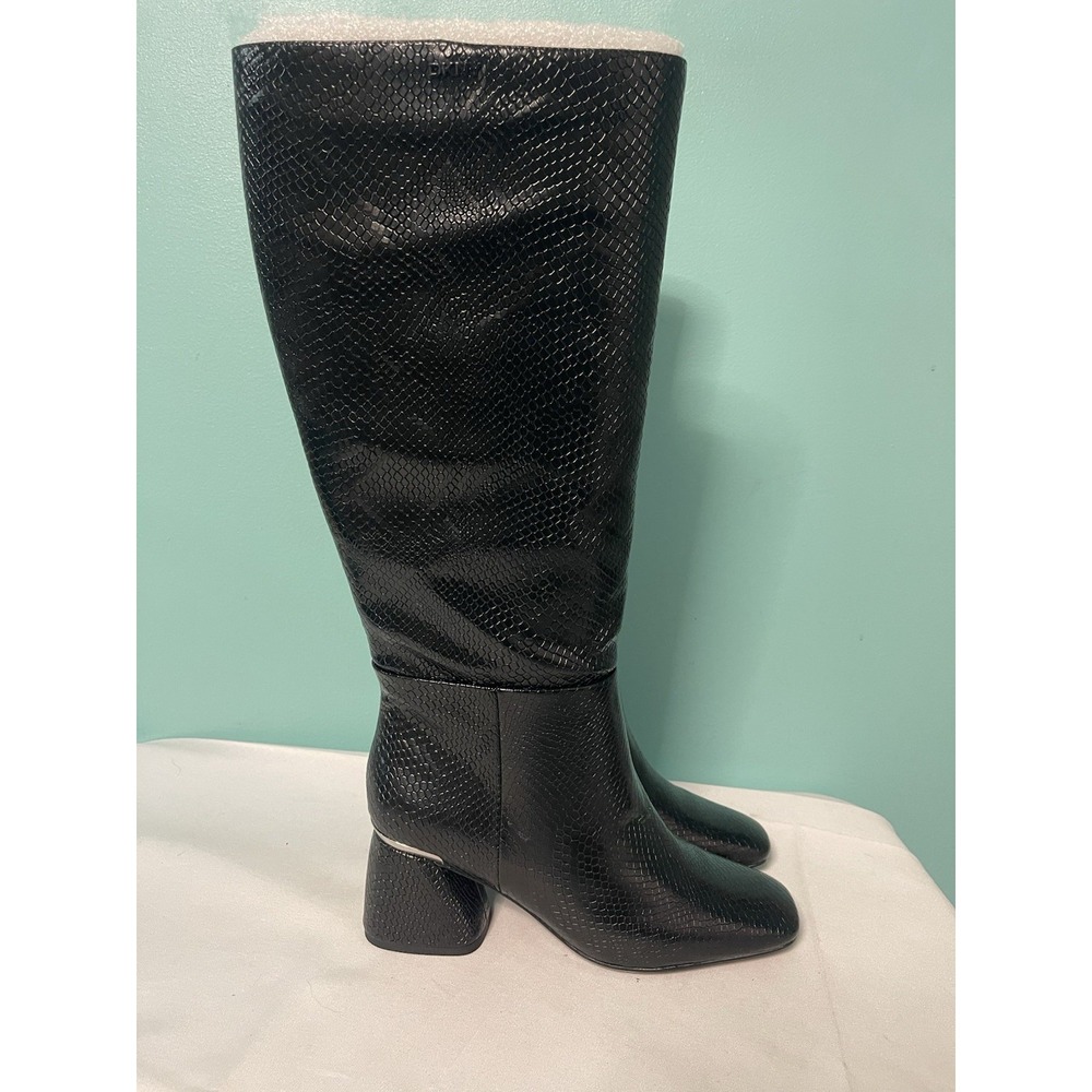 Women's DKNY Snakeskin Block Heel Knee High Dress Black Boots Size 9.5